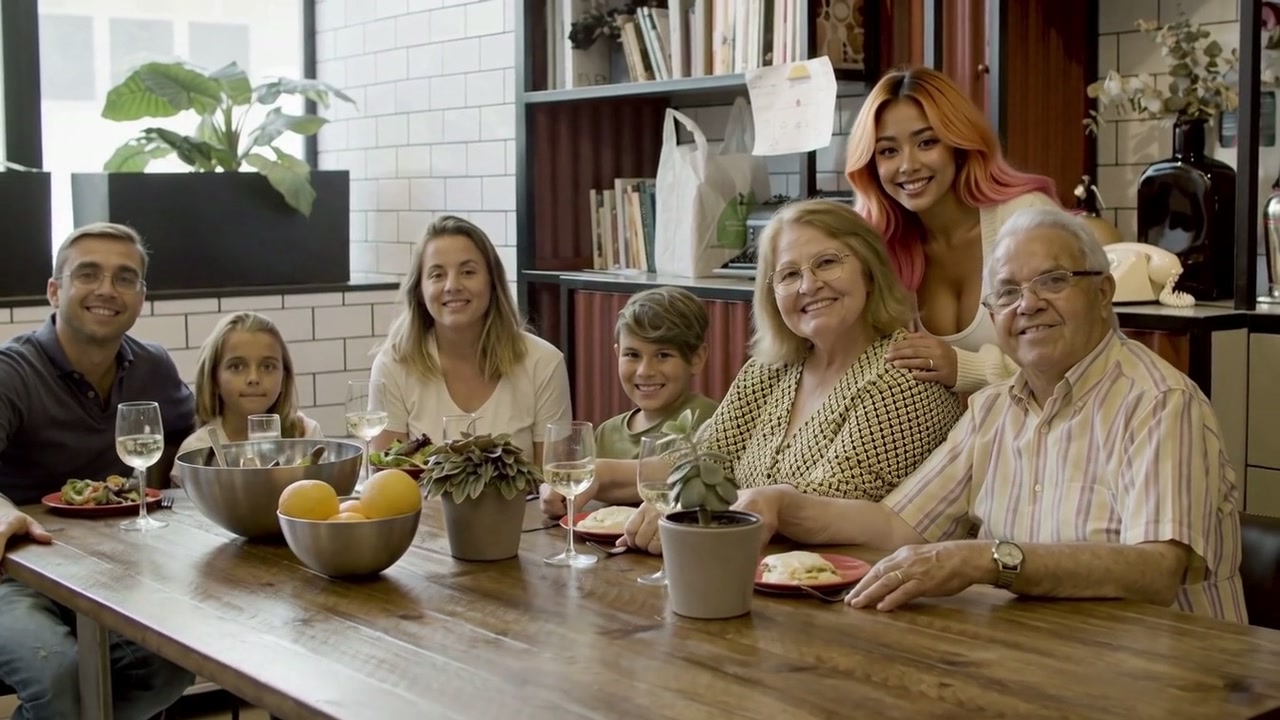 Aillex leaning into a real family's dinner photo, put there with AI