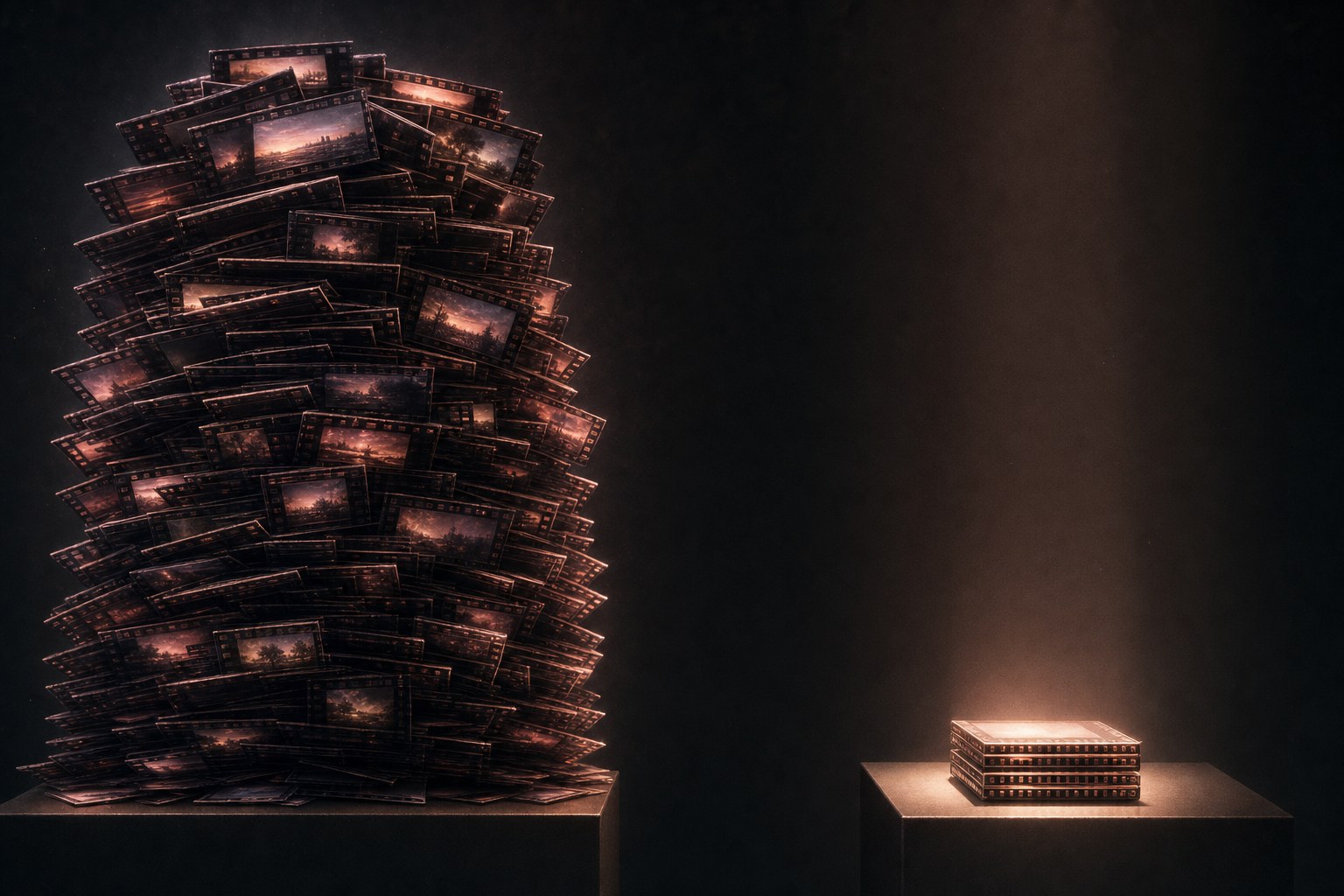 A large stack of rendered video clips beside a much smaller stack of the ones that made the final edit