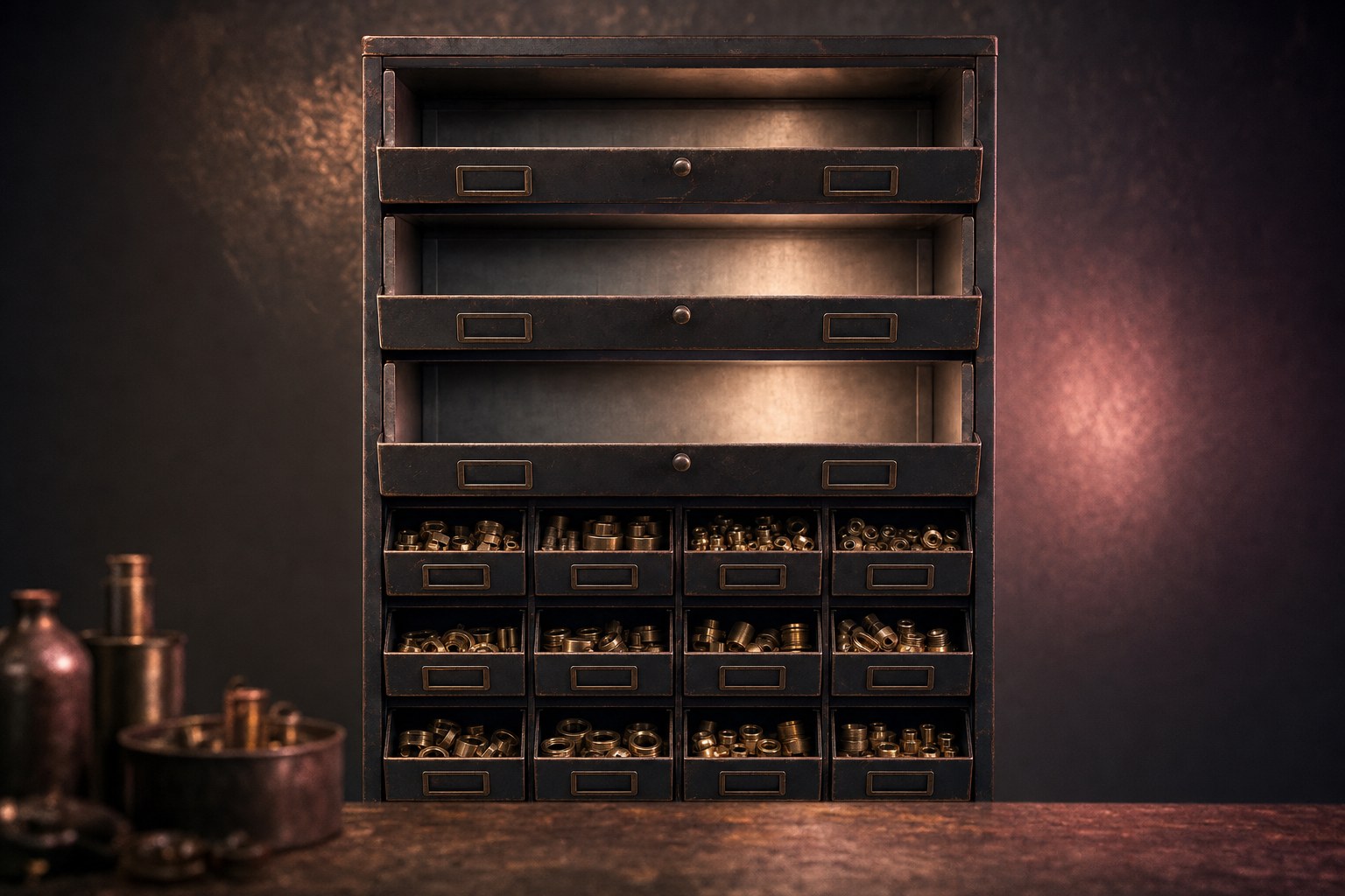 A row of shelves where the largest component bays stand empty while the smaller ones remain stocked