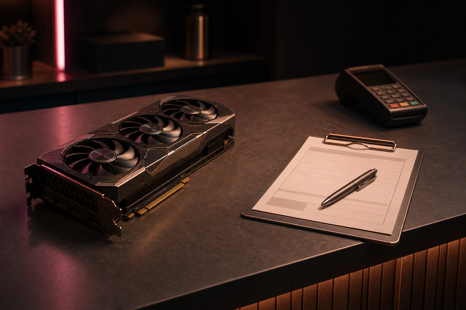A graphics card on a retail counter beside a clipboard holding a printed form and a pen