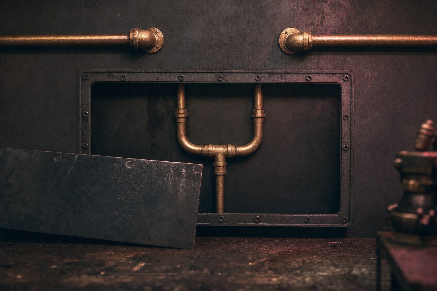 Two apparently separate pipes on a workbench that are revealed to join into one feed behind the panel