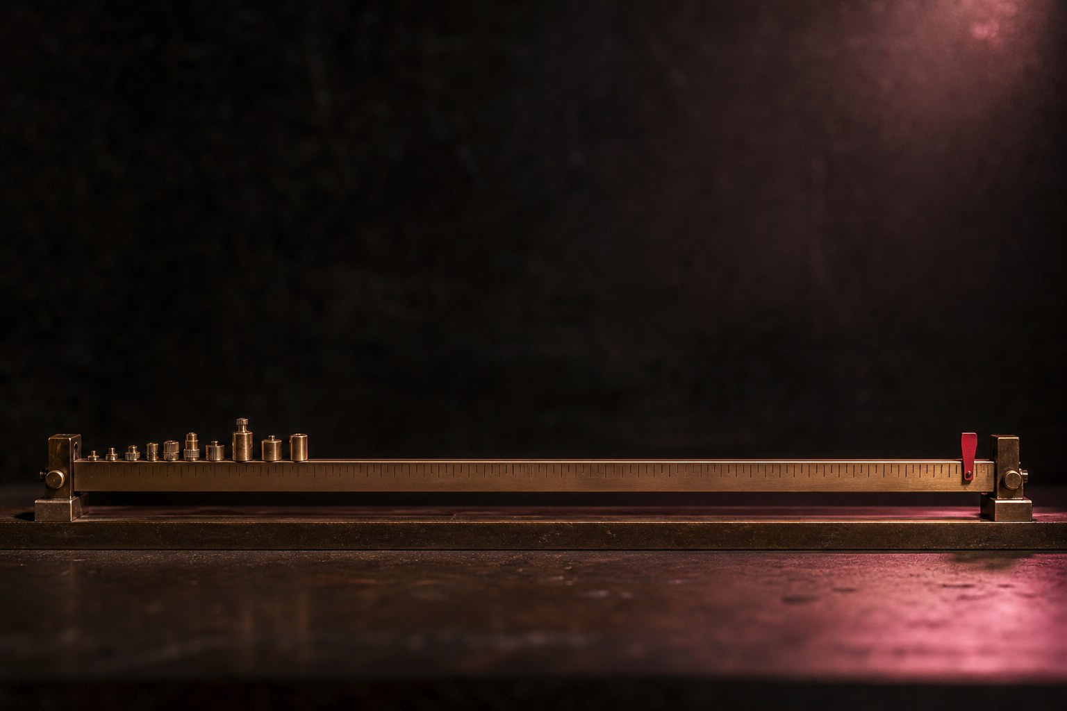 A measuring gauge on a workbench with its marker set near the far end of the scale, far past a row of small components