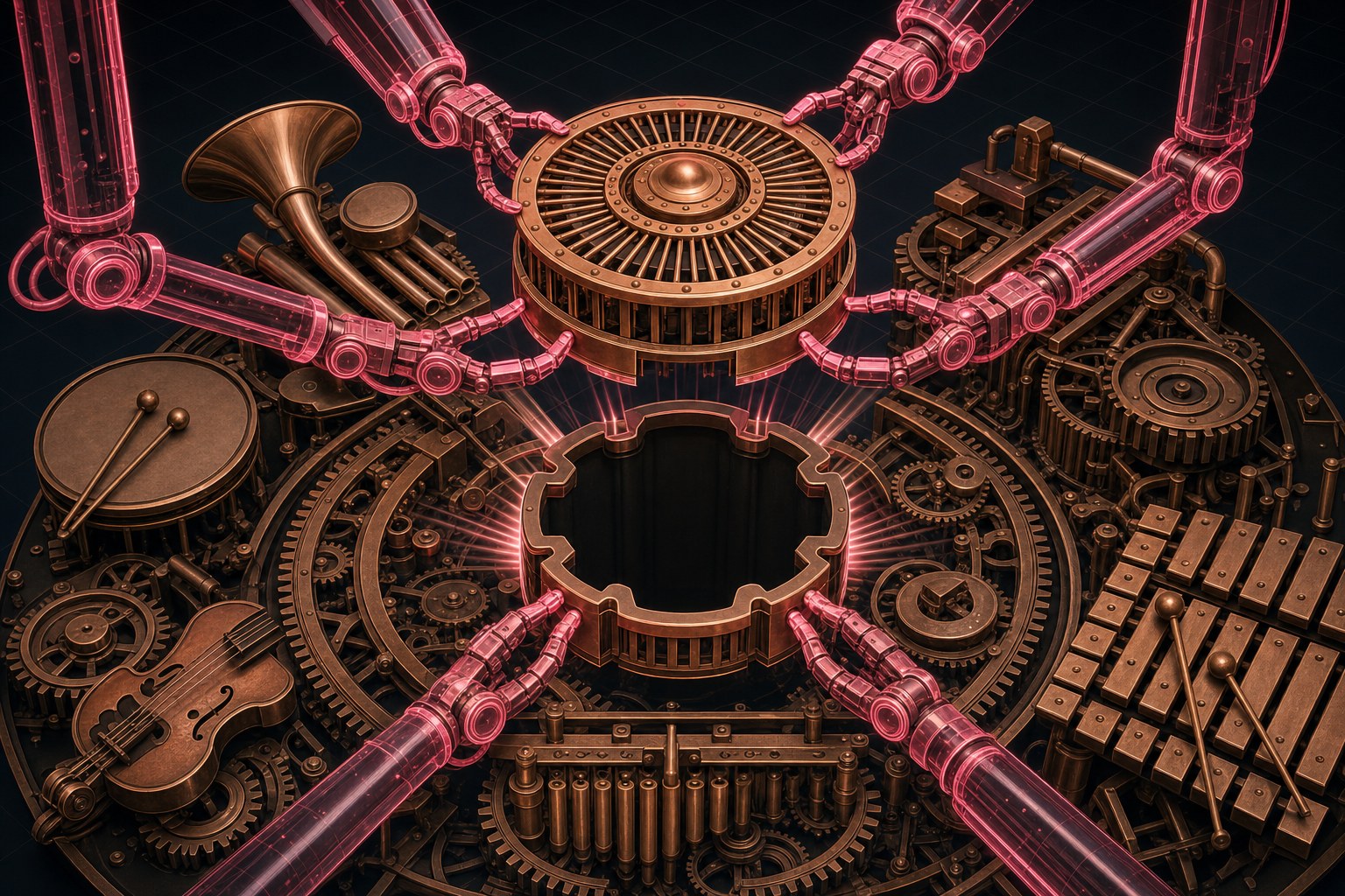 An incomplete machine with a missing component, and many hands fitting a newly made part into the gap