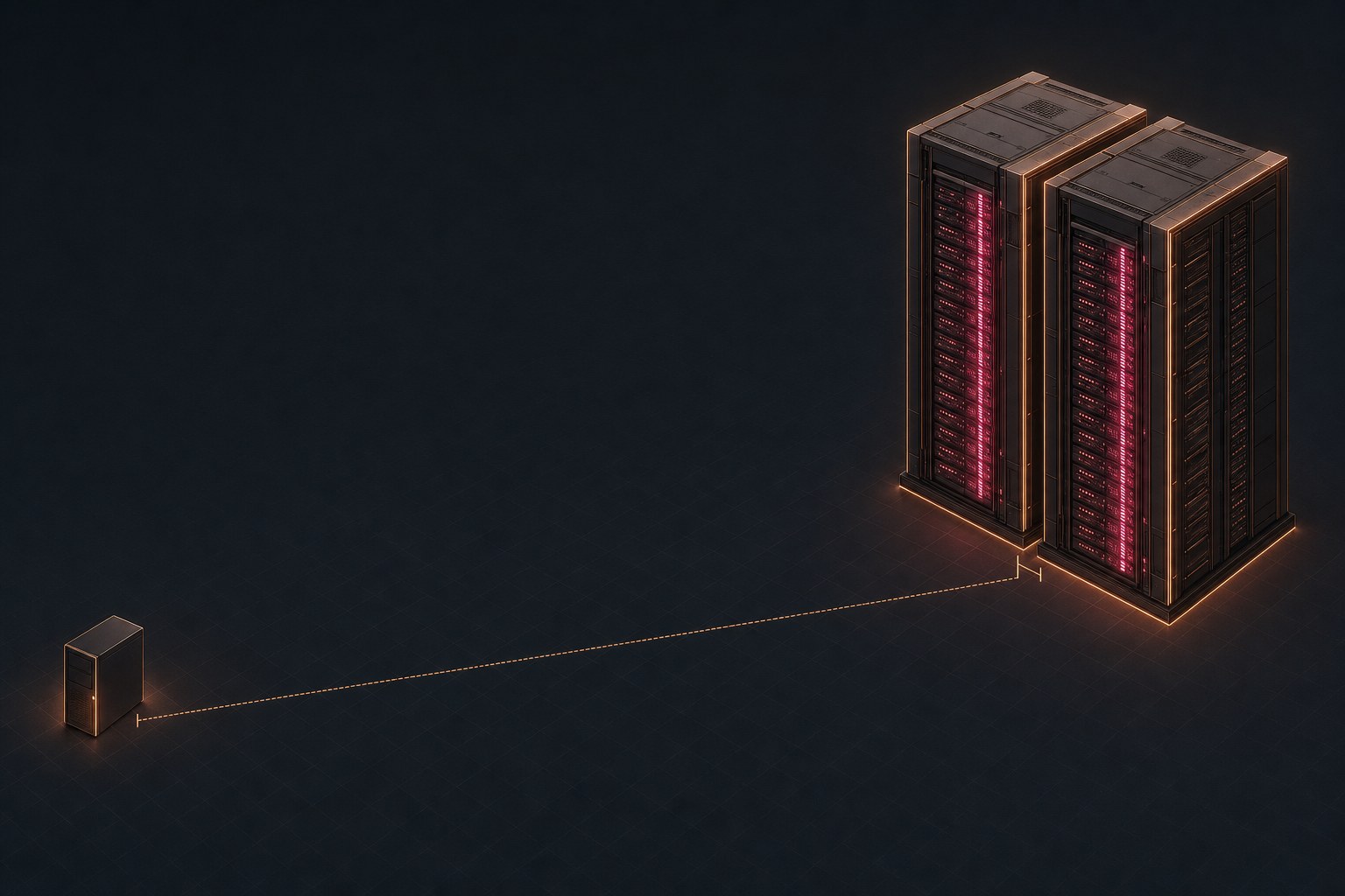 Two enormous datacenter towers close together with a small desktop computer far below and apart from both