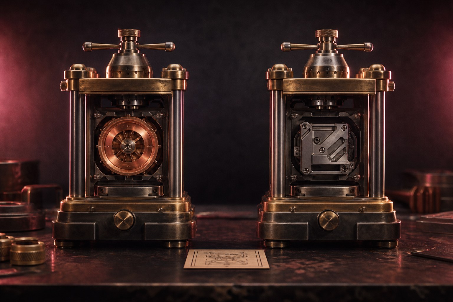 Two identical machines side by side with different internal parts fitted, and one shared instruction card between them