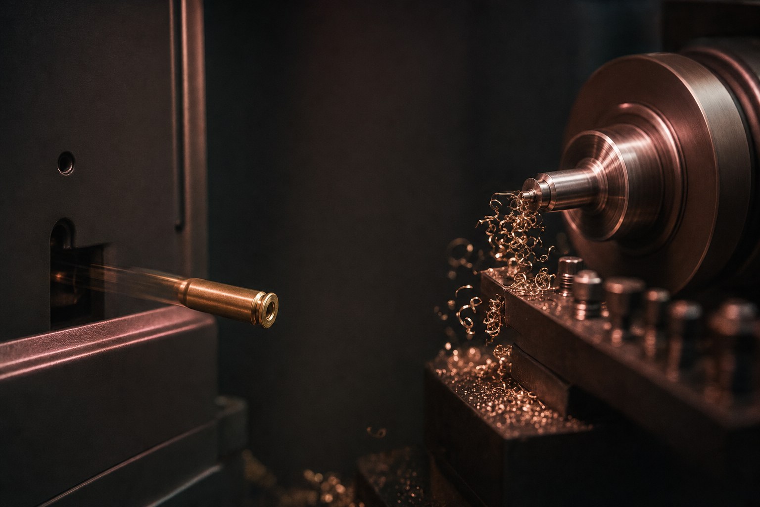 A small cartridge being slotted into a machine beside a workbench where a different part is being reshaped on a lathe