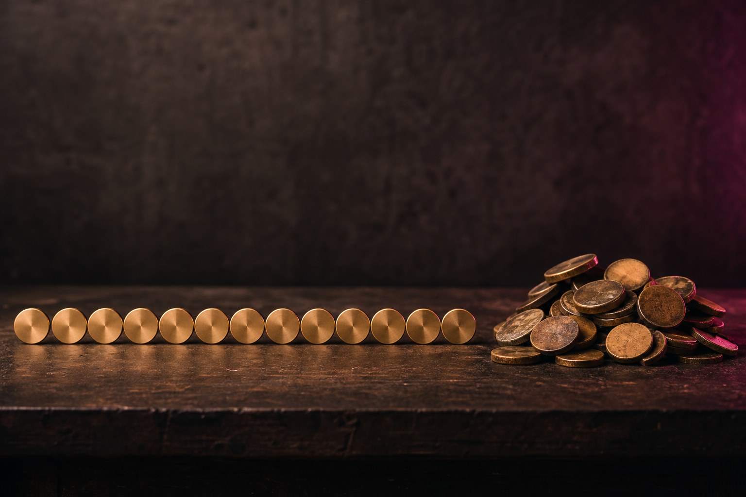 A long row of identical brand new brass tokens beside a smaller mixed pile of worn ones of every age