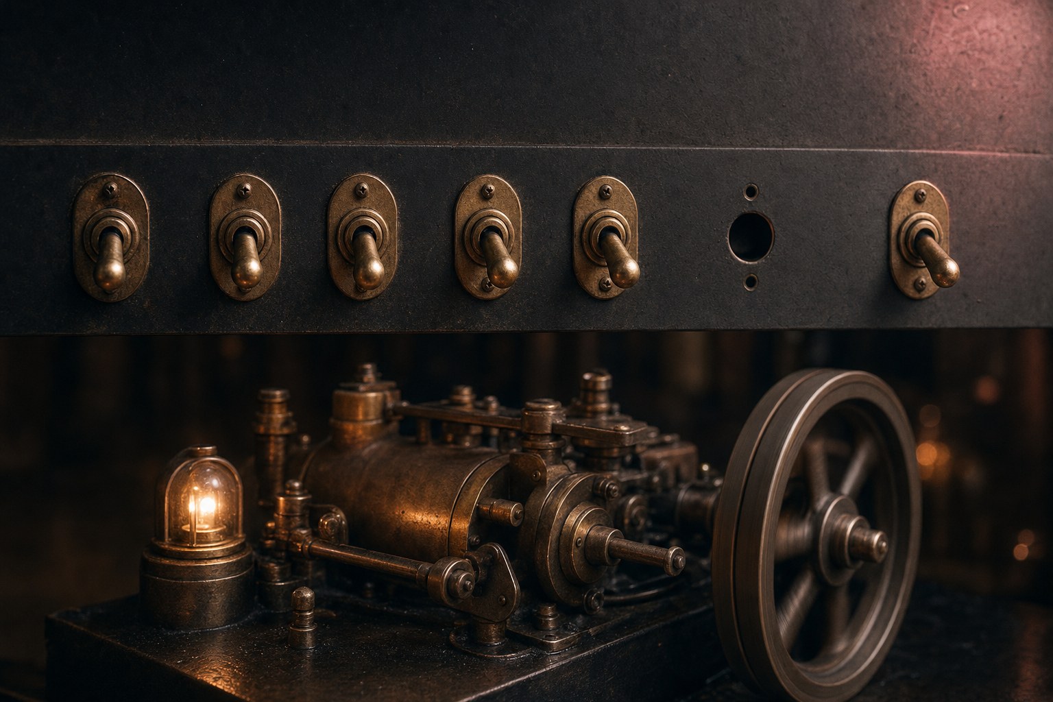 A panel of switches on a wall with one switch removed, while the machine it used to control keeps running on the bench below