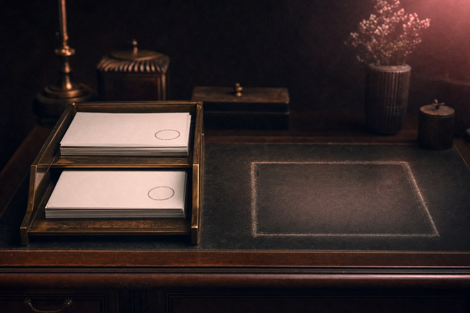 Two stamped forms resting in an inbox tray on a desk, beside an empty space where an approval certificate would sit