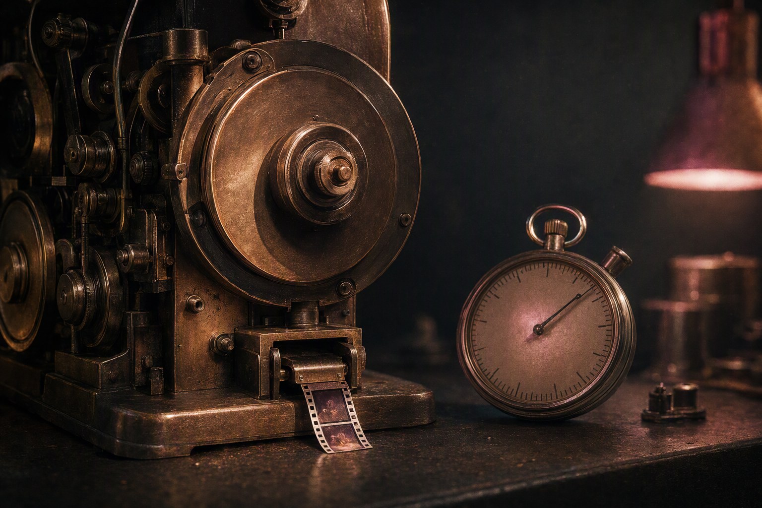 A large machine on a workbench beside a stopwatch, producing a single very small output