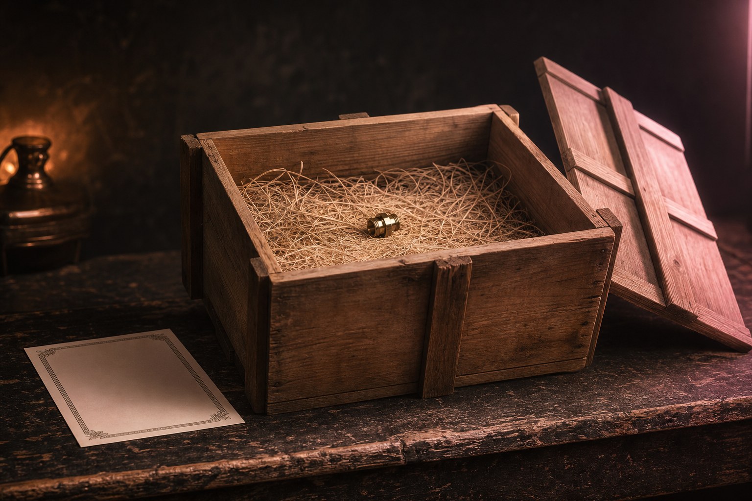 A crate stencilled with a large size marking, opened on a workbench to reveal a much smaller component inside