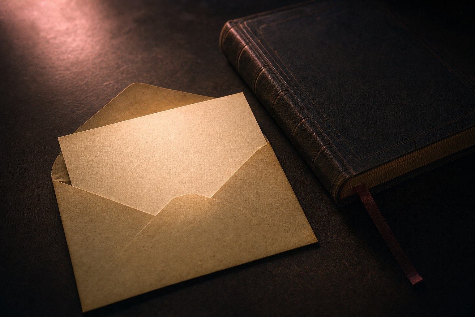A sealed envelope lying open on a workbench beside a bound rulebook that remains closed