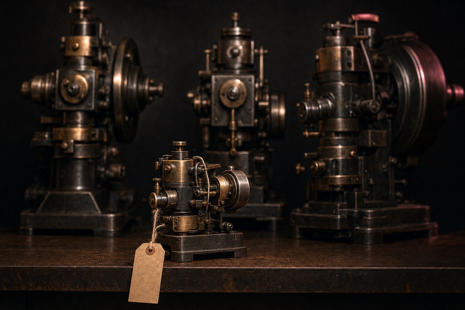 A small compact machine on a workbench with a paper tag tied to it, beside larger older machines with no tags