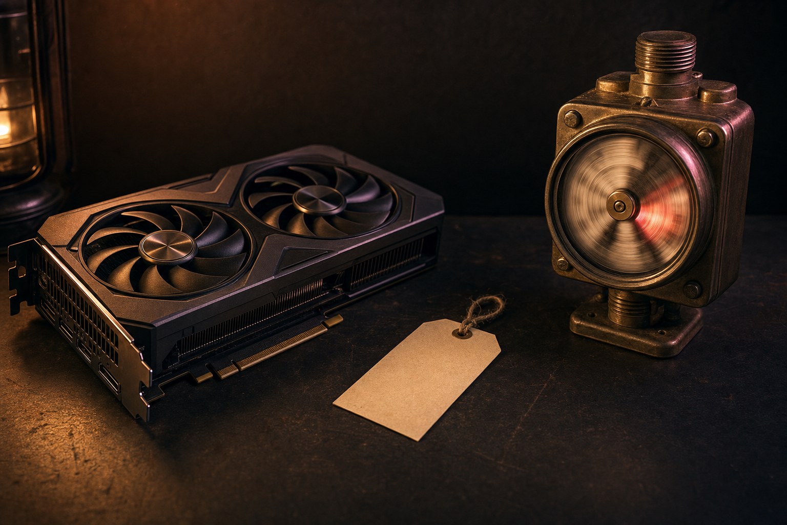 A graphics card on a workbench beside a small meter showing an hourly rate, with a price tag lying between them
