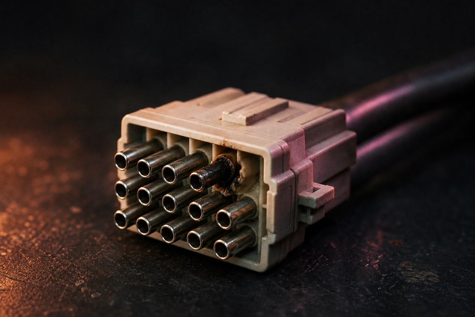 A heavy power connector on a workbench with one pin darkened and the surrounding housing deformed
