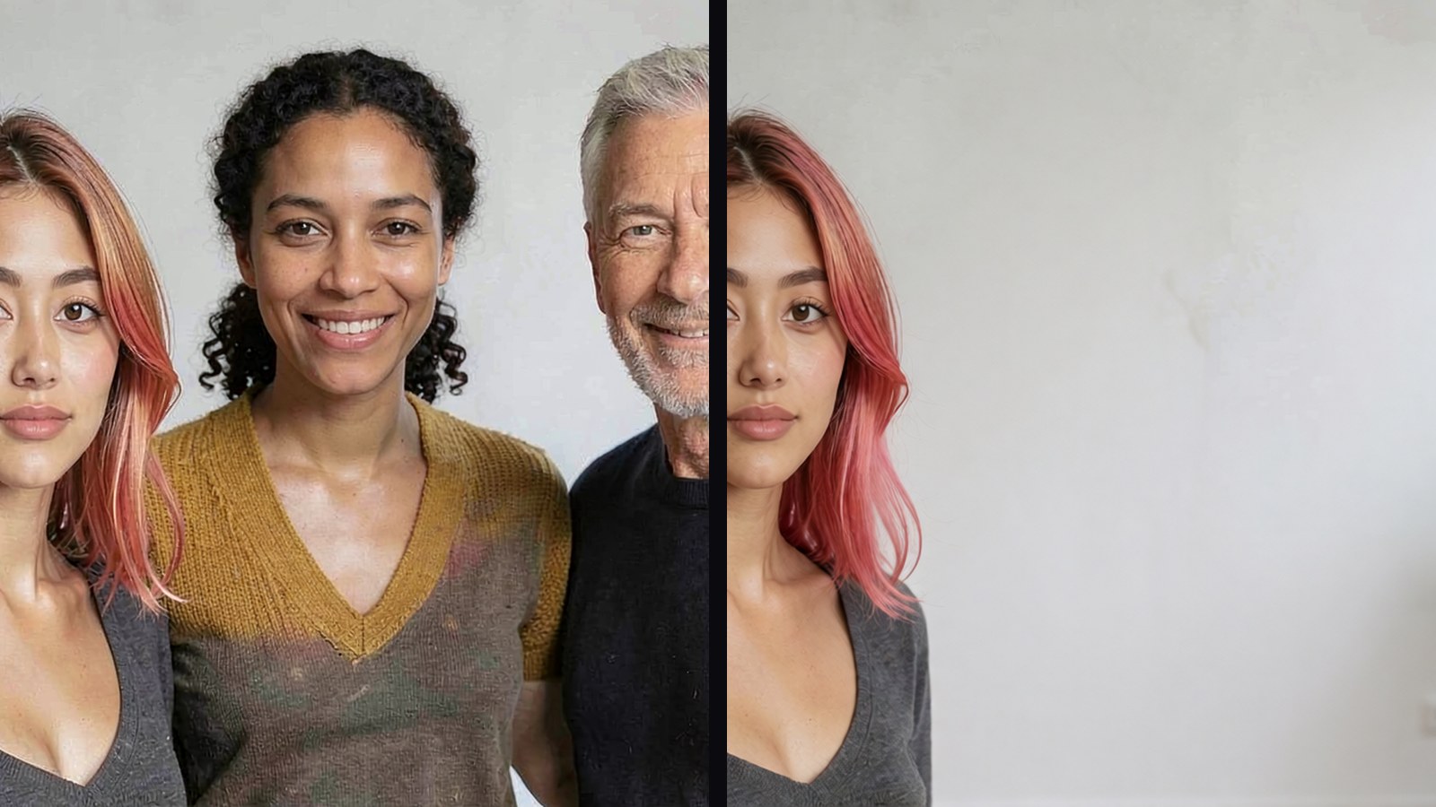 A three-person group photo beside the same photo with two people removed and the wall rebuilt