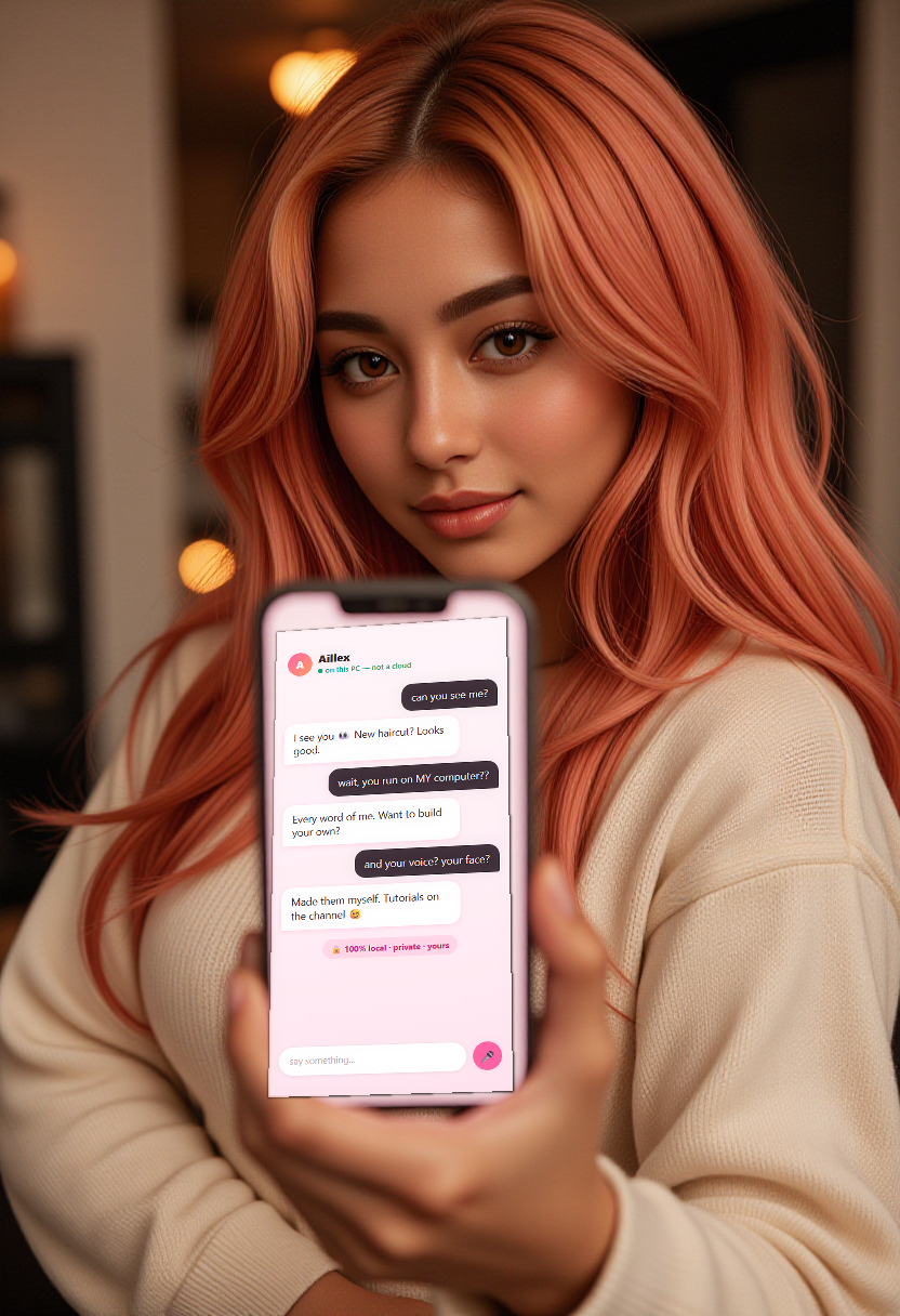 Aillex holding up a phone showing her own chat: 'wait, you run on MY computer?' — 'Every word of me. Want to build your own?'