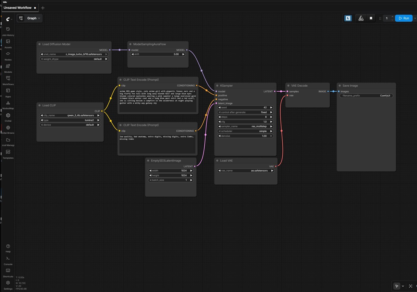 The whole engine on one screen: models flow in from the left, the sampler turns noise into an image, and Save Image writes it to disk