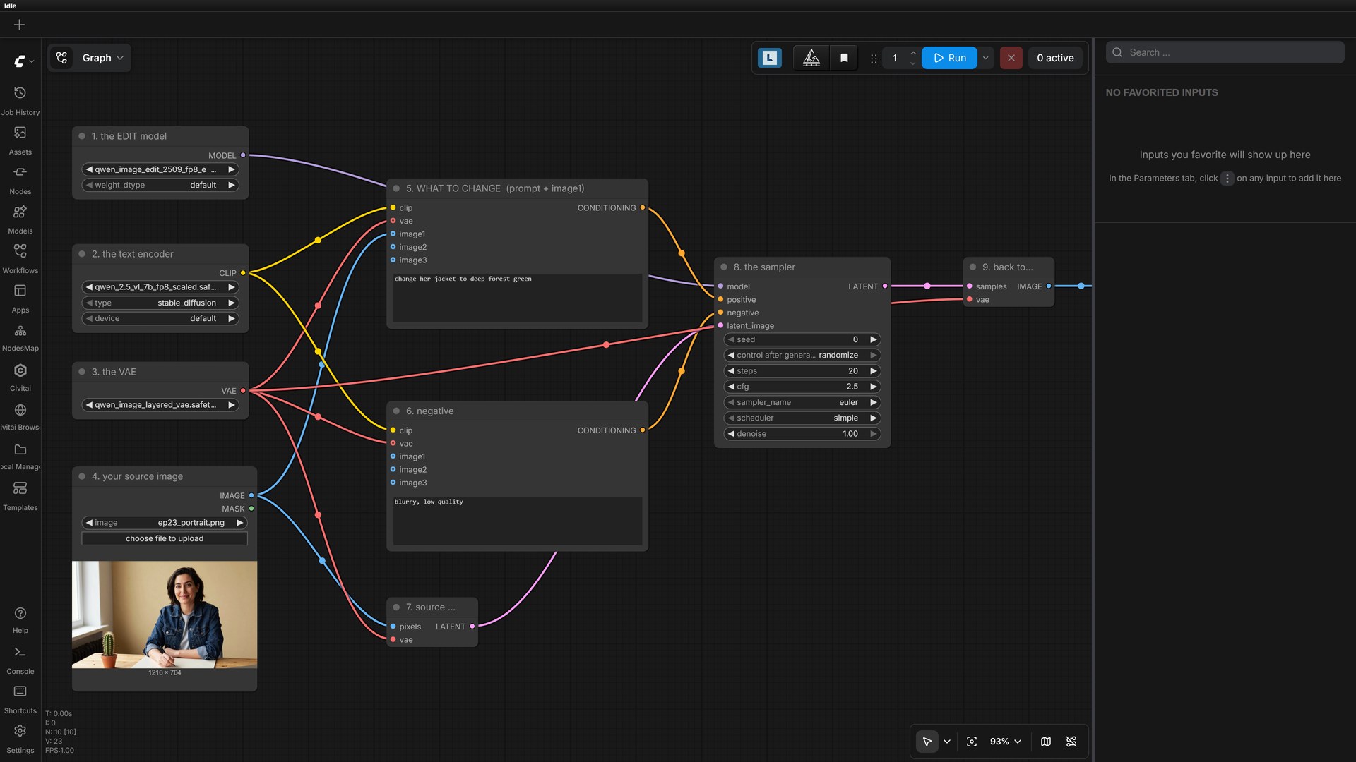 The whole instruction-edit graph — model in from the left, your image encoded to a latent, sampler in the middle, save on the right