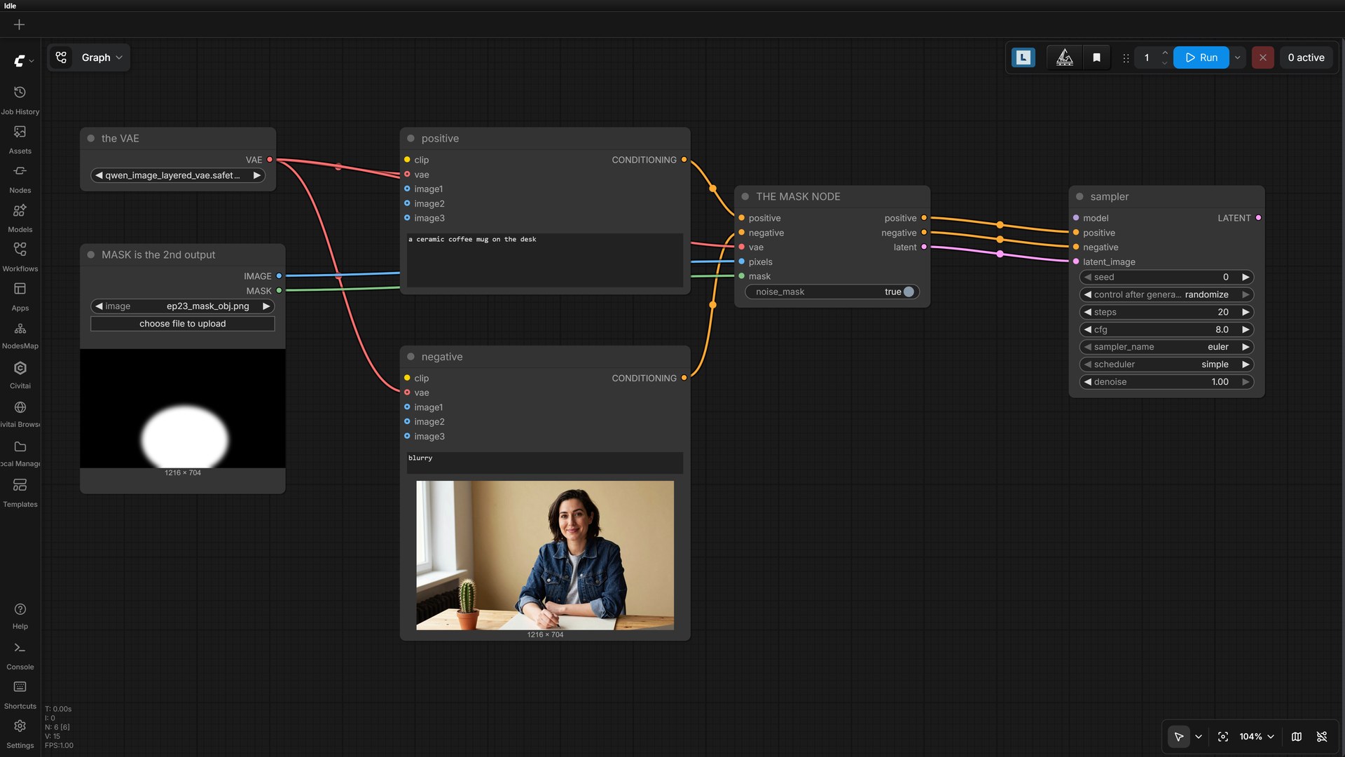 The inpaint graph — LoadImage&rsquo;s second output is MASK, and it feeds InpaintModelConditioning