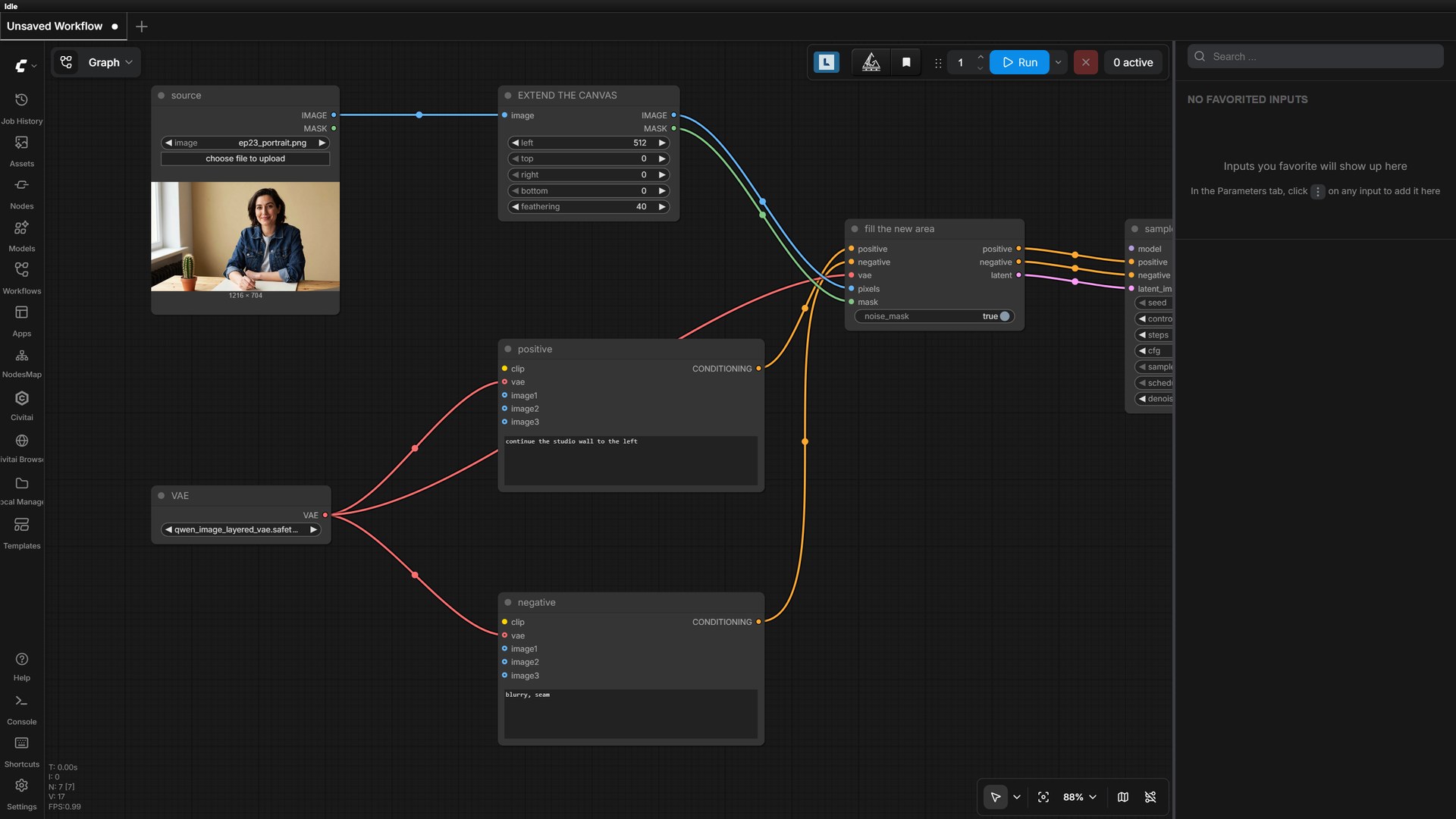 The outpaint graph — ImagePadForOutpaint sits between LoadImage and the inpaint conditioning